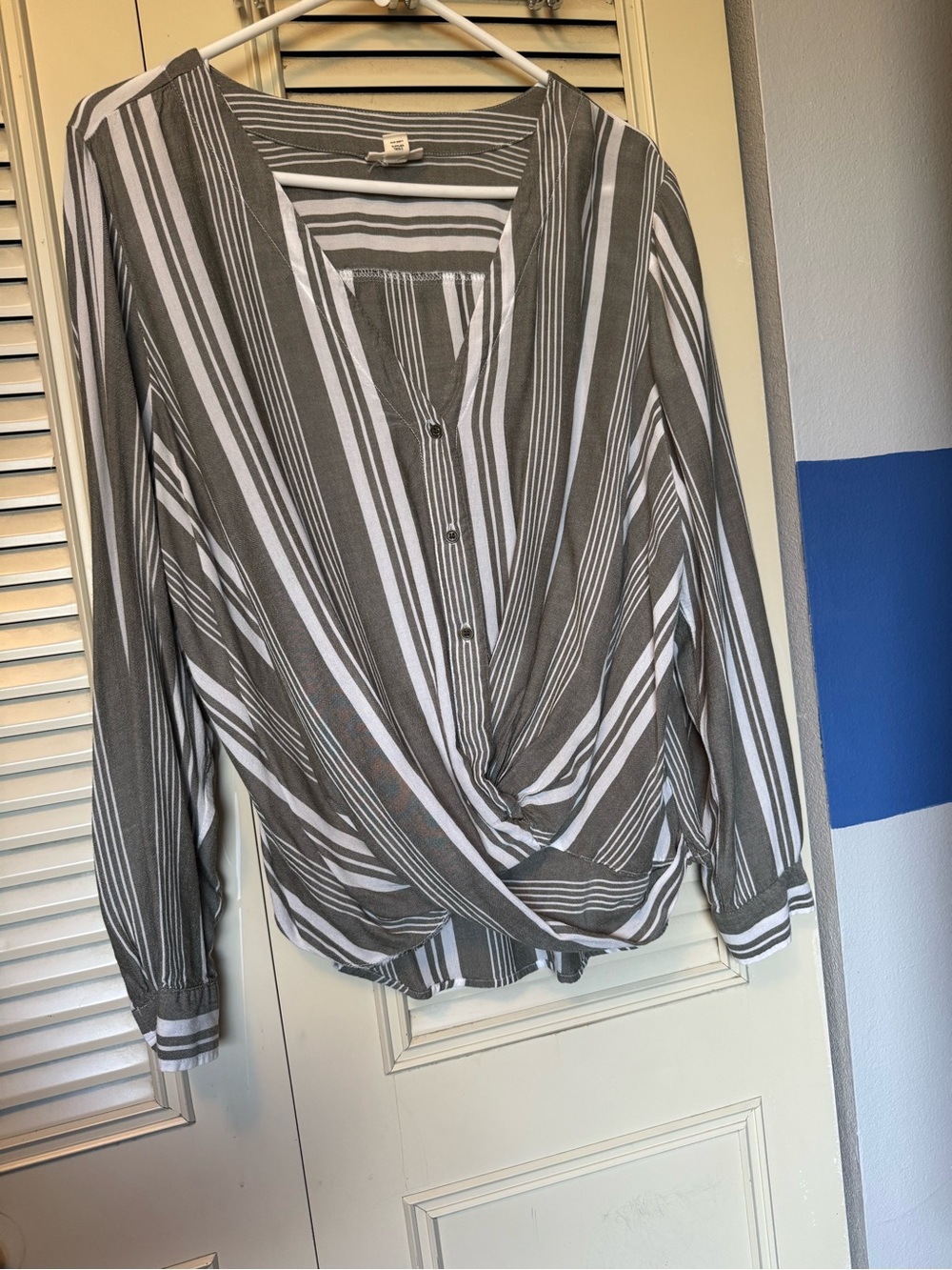 a.n.a Olive Green and White Striped Long-Sleeve Twist Front Top
